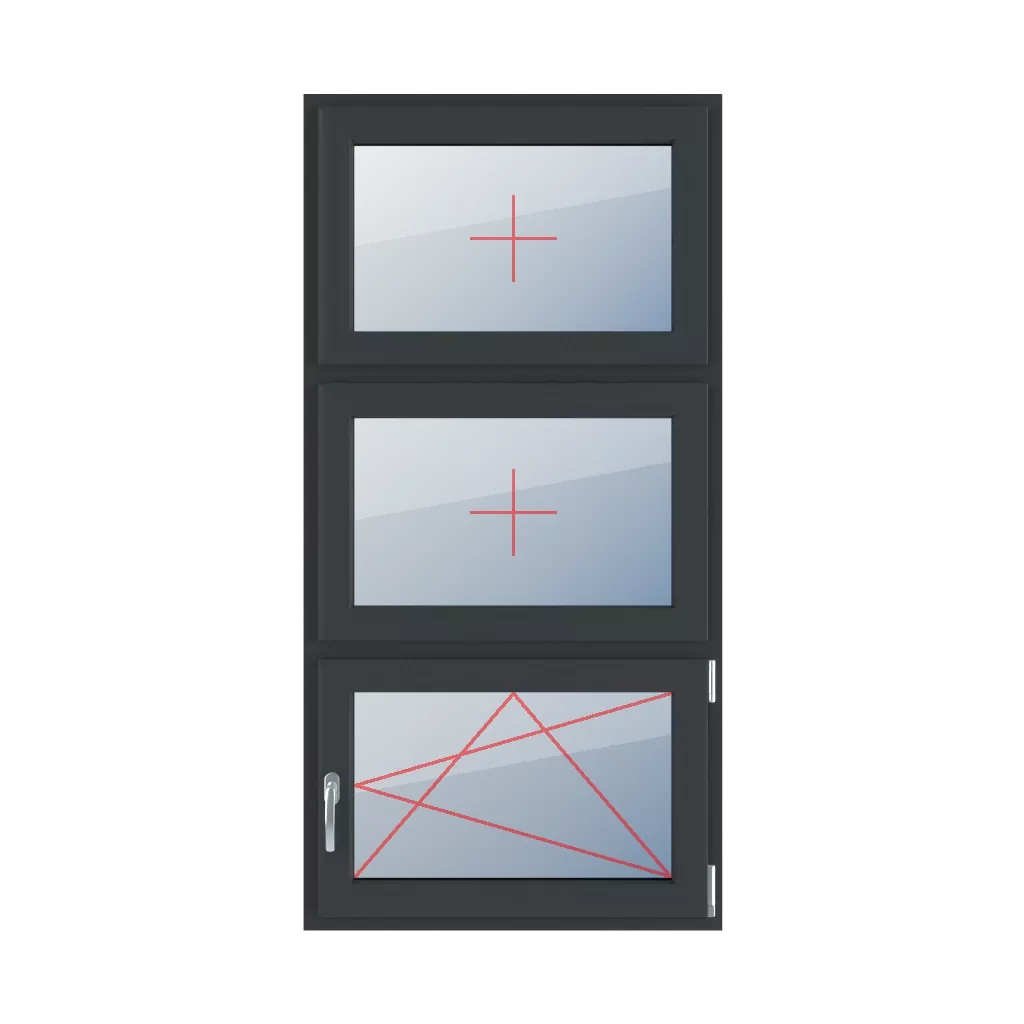 Vitrage fixe dans le châssis, inclinable et tournant à droite fenetres type-de-fenetre triple-vantaux division-verticale-symetrique-33-33-33  