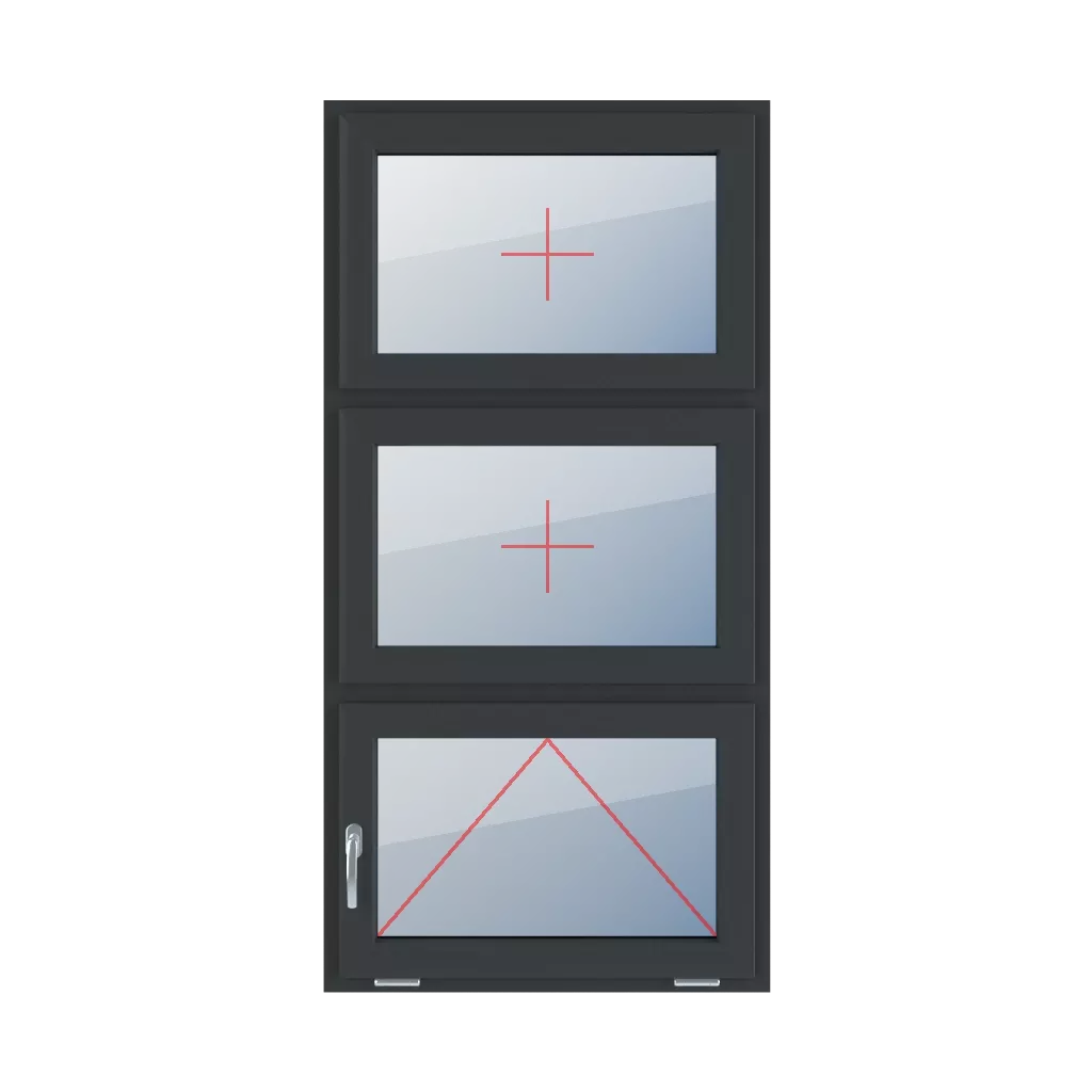 Vitrage fixe dans le châssis, articulé avec une poignée sur le côté gauche fenetres type-de-fenetre triple-vantaux division-verticale-symetrique-33-33-33 vitrage-fixe-dans-le-chassis-articule-avec-une-poignee-sur-le-cote-gauche 