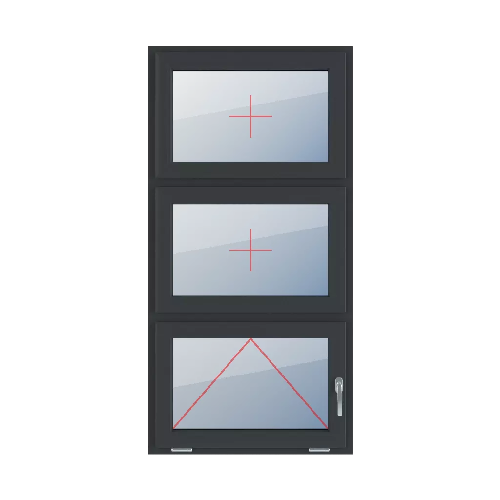 Vitrage fixe dans le châssis, articulé avec une poignée sur le côté droit fenetres type-de-fenetre triple-vantaux division-verticale-symetrique-33-33-33  