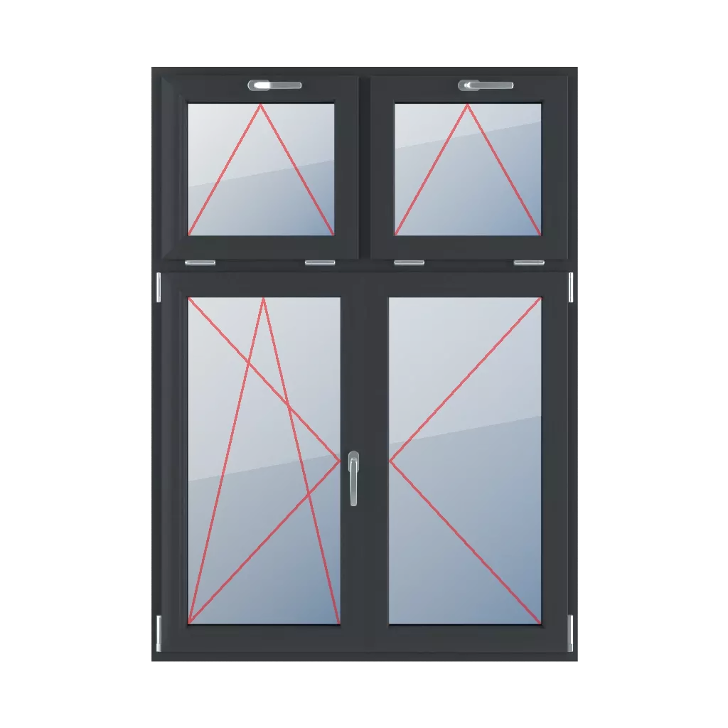 Inclinaison avec une poignée en haut, inclinaison et rotation à gauche, poteau mobile, rotation à droite fenetres type-de-fenetre quatre-vantaux division-verticale-asymetrique-30-70-avec-un-poteau-mobile  